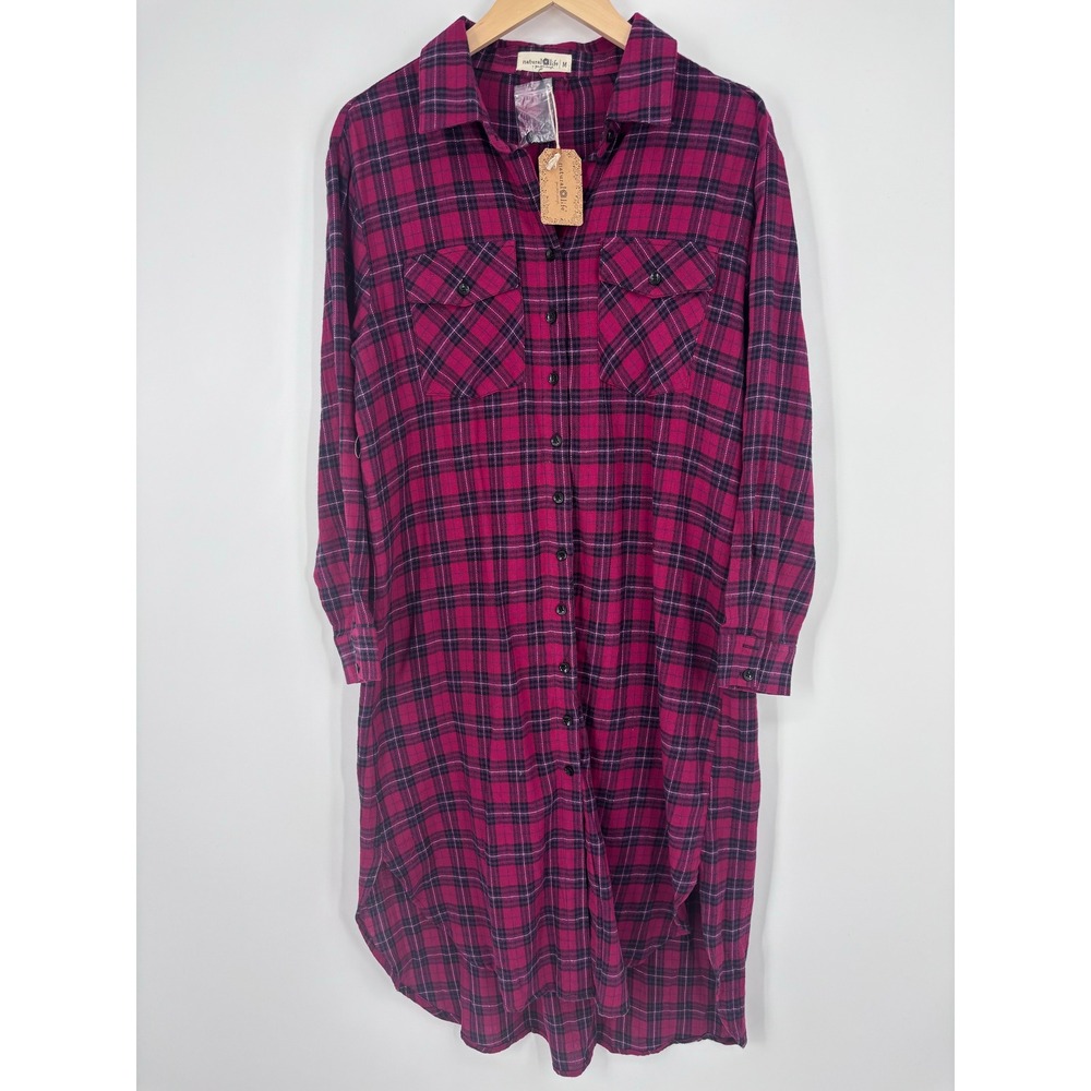 Natural Life Cooper Flannel Shirt Dress Women M Red Black Plaid Button Front NEW